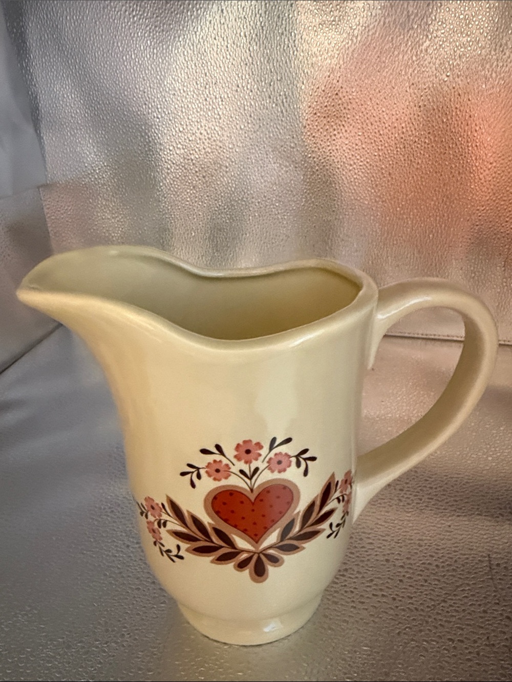 Vintage Cream Colored Cute Ceramic Pitcher Featuring a Folk Art Heart and Floral